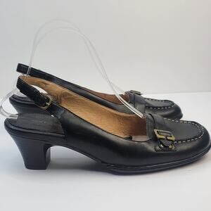 Sling Back Black Leather Shoes Closed Toe 2" Block Low Heel Comfort 8.5W Office